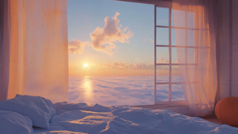 Lever de soleil paisible sur une mer de nuages d'une chambre confortable illustration de vecteur