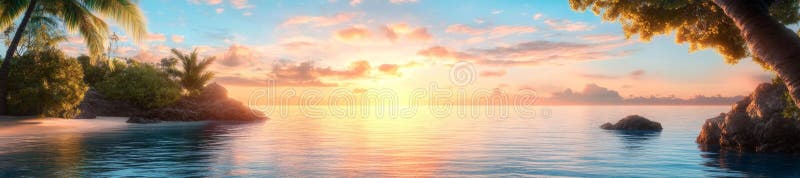 Lever de soleil paisible sur une plage sereine aux teintes océaniques vibrantes et aux palmiers verdoyants illustration stock