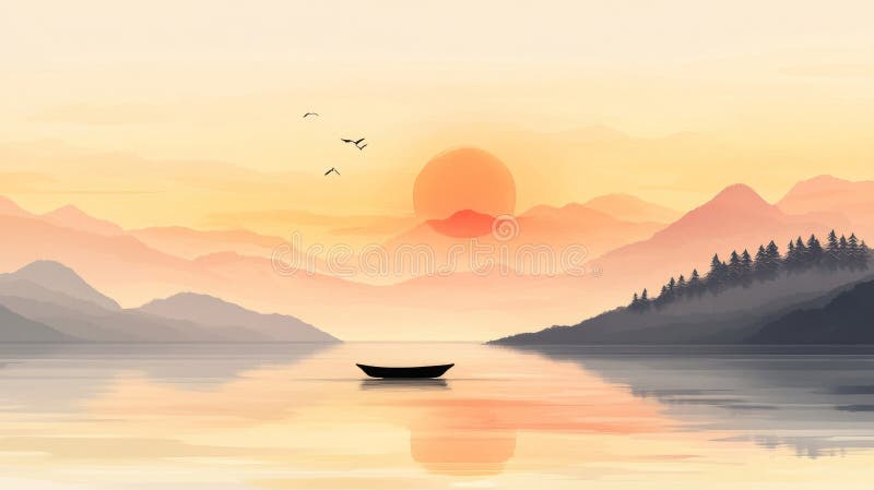 Lever De Soleil Tranquille Sur Les Montagnes Bruyantes Avec Bateau illustration de vecteur