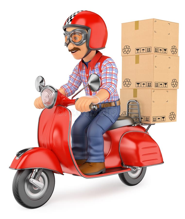 leveransman för kurir som 3D levererar en packe vid sparkcykelmotorcyc royaltyfri illustrationer leveransman för kurir som 3D levererar en packe vid sparkcykelmotorcyc royaltyfri illustrationer