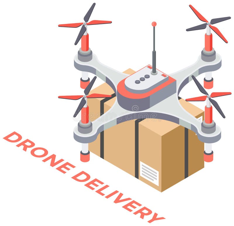 Leveranstjänster levererar paket med flyghelikopter. framtida teknik för överföring av varor online royaltyfri illustrationer