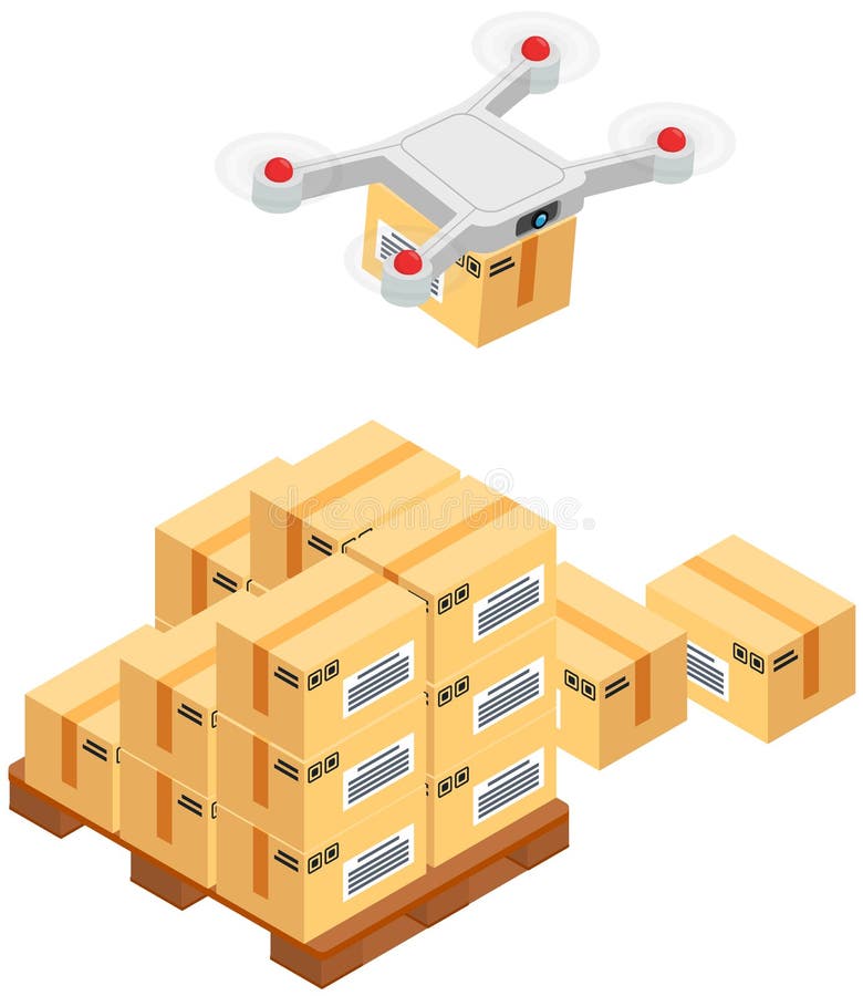 Leveranstjänster levererar paket med flyghelikopter. framtida teknik för överföring av varor online stock illustrationer