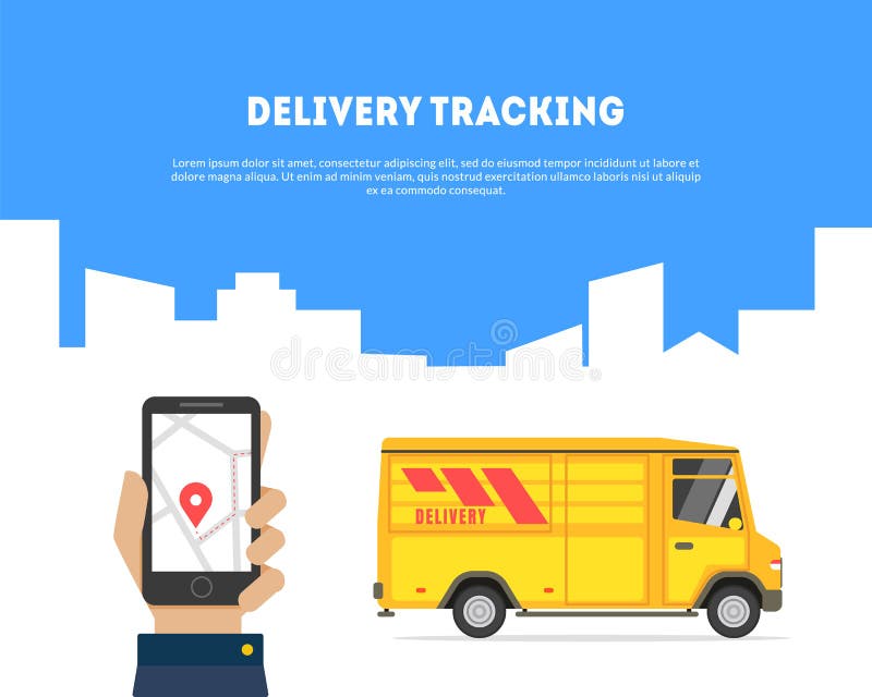 Leverings Volgende Banner, Handholding Smartphone met App, de Online Vectorillustratie van de Spoordienst stock illustratie Leverings Volgende Banner, Handholding Smartphone met App, de Online Vectorillustratie van de Spoordienst stock illustratie
