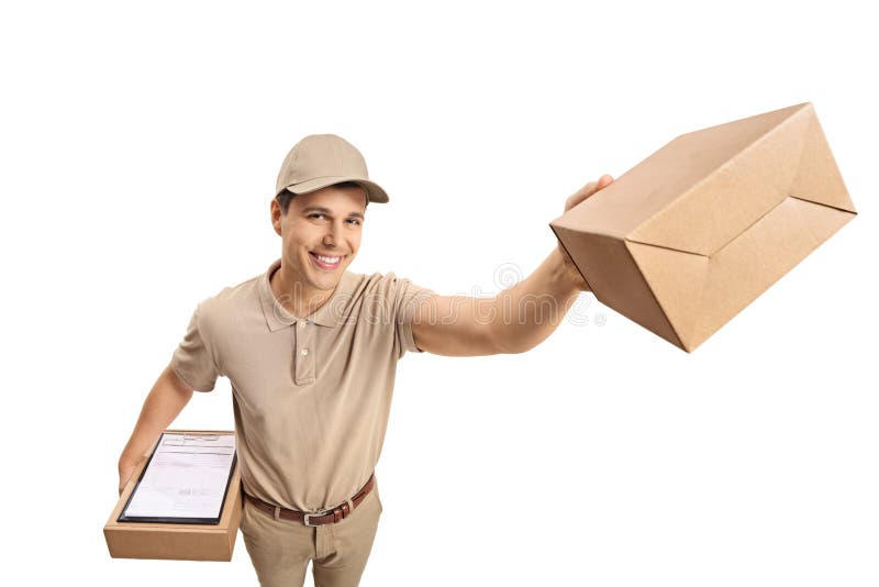 Delivery guy with a package isolated on white background. Delivery guy with a package isolated on white background