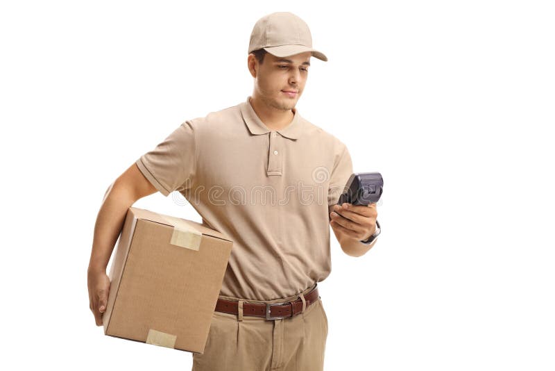 Delivery guy with a package and a payment terminal isolated on white background. Delivery guy with a package and a payment terminal isolated on white background