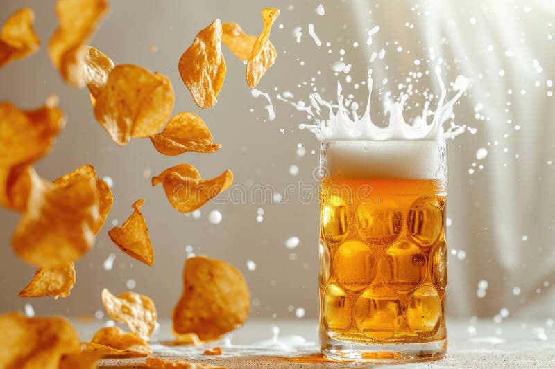 Levitating Chips Over a Glass of Beer Magic in the Air Stock Photo