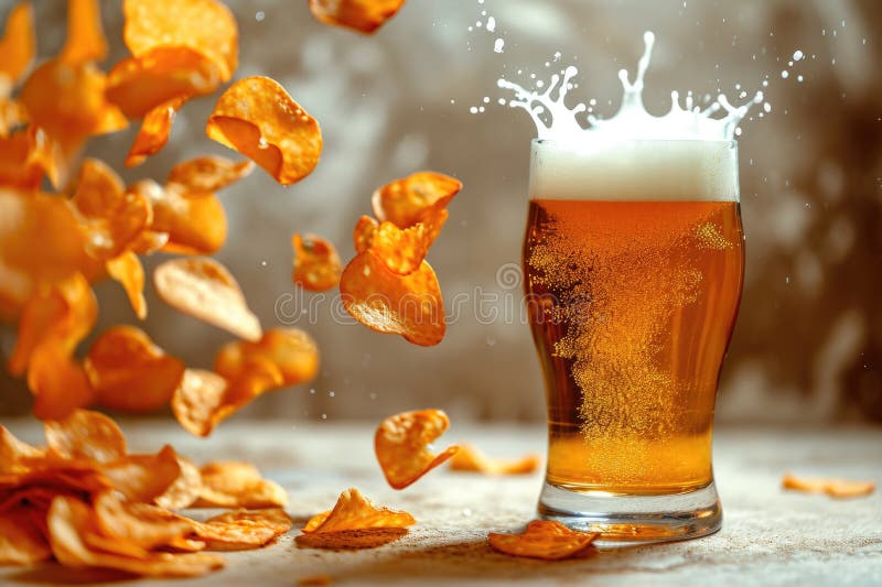Levitating Chips Over a Glass of Beer Magic in the Air Stock Photo
