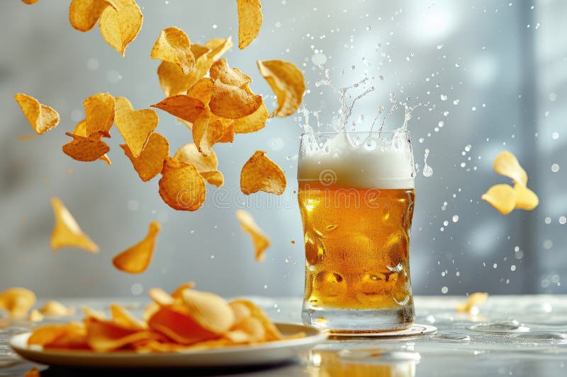 Levitating Chips Over a Glass of Beer Magic in the Air Stock Photo
