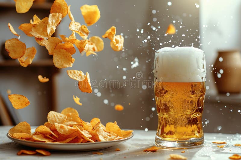 Levitating Chips Over a Glass of Beer Magic in the Air Stock Image