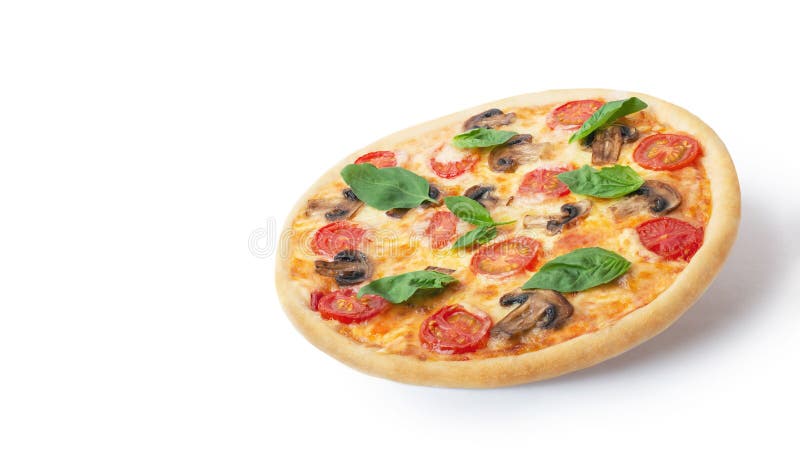Levitating Margherita Pizza with Mushrooms and Basil on a White ...