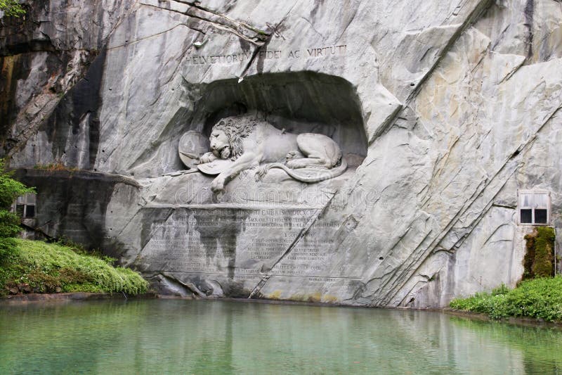 Lewendenkmal, the lion monument landmark in Lucerne, Switzerland. It was carved on the cliff to honor the Swiss Guards of Louis XVI of France. Outdoors, copy space