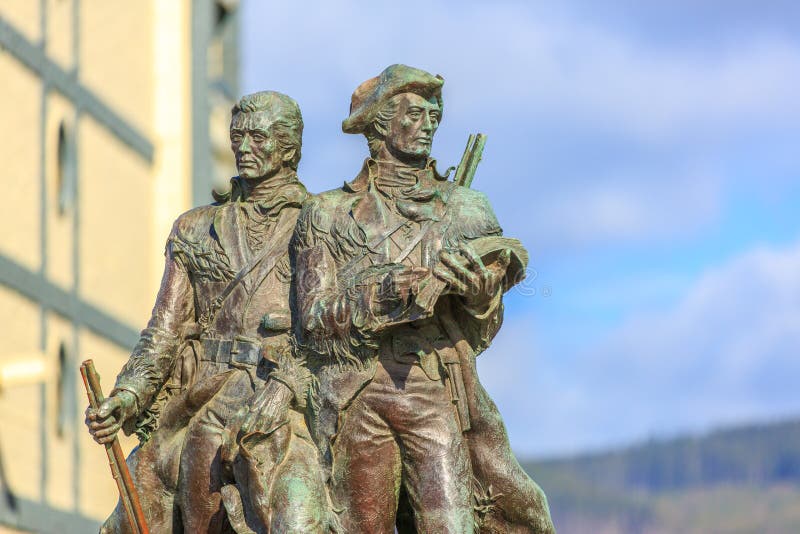 Seaside, Oregon - APRIL 14, 2012: Bronze statue of Meriwether Lewis and William Clark is deemed as the official end of the Lewis and Clark Trail. Seaside, Oregon - APRIL 14, 2012: Bronze statue of Meriwether Lewis and William Clark is deemed as the official end of the Lewis and Clark Trail.