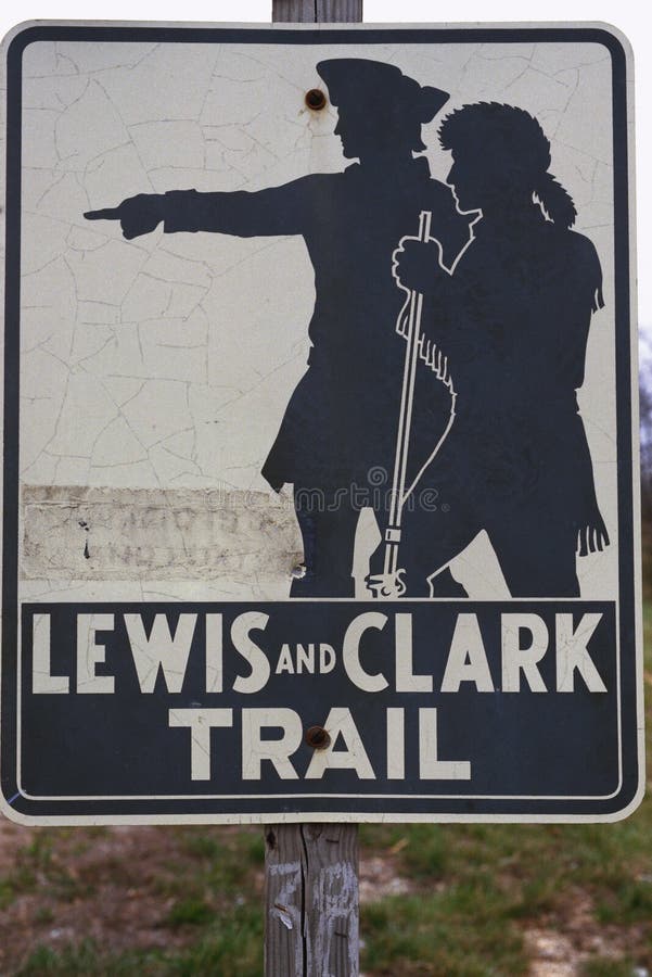 This is a road sign that marks the Lewis and Clark Trail. There is a silhouetted graphic on the sign of the explorers, Lewis and Clark against a white background. This is a road sign that marks the Lewis and Clark Trail. There is a silhouetted graphic on the sign of the explorers, Lewis and Clark against a white background.