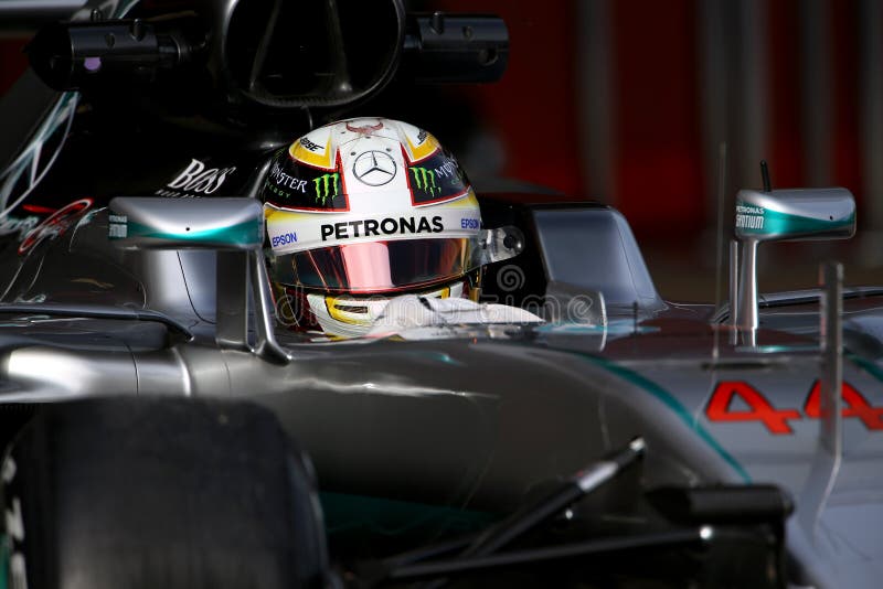Lewis Hamilton (GBR), AMG Mercedes F1 Team, F1 testing Barcellona 2016 royalty free stock photos Lewis Hamilton (GBR), AMG Mercedes F1 Team, F1 testing Barcellona 2016 royalty free stock photos