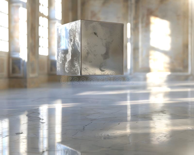 Lewitacja Cube Mirrored Zawieszona w Minimalistycznej Kompozycji Cyfrowej royalty ilustracja