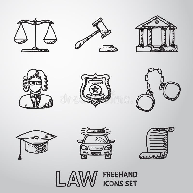 Ley, iconos a pulso de la justicia fijados Vector stock de ilustración Ley, iconos a pulso de la justicia fijados Vector stock de ilustración