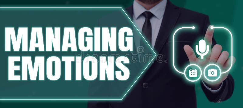 Leyenda conceptual manejar emociones, controlar sentimientos en uno mismo mantener compostura. control general de negocios imagen de archivo libre de regalías