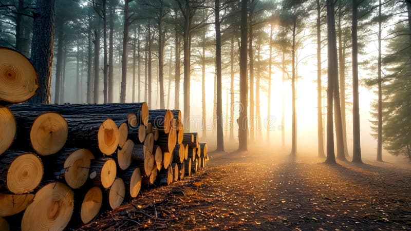 Leña apilada en un paisaje de bosque nublado al amanecer. stock de ilustración