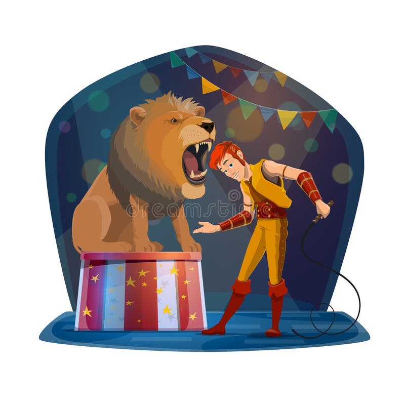 Circus show with handler putting head in lion mouth. Wild beast and man in stage costume, dangerous trick with animal or predator sitting with open mouth, entertainment performance vector isolated. Circus show with handler putting head in lion mouth. Wild beast and man in stage costume, dangerous trick with animal or predator sitting with open mouth, entertainment performance vector isolated