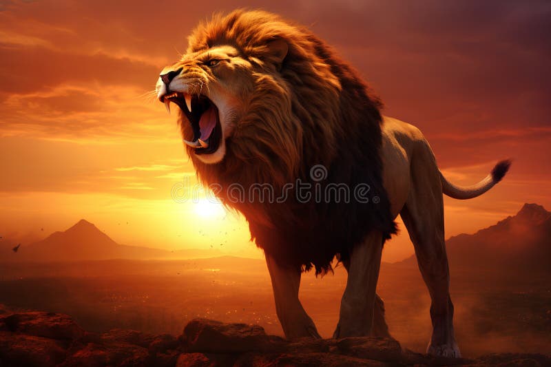 León en estado salvaje al atardecer 3d ilustración de representación. generado por ai. imagen generada por ai. ilustración y clip art.