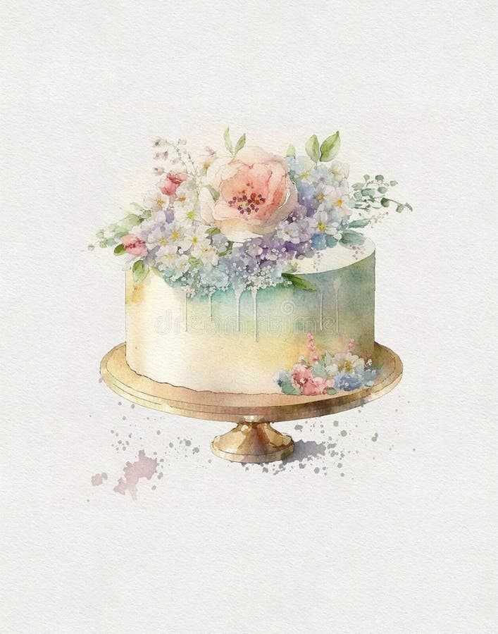 Watercolor Drawing of Birthday Cake, Birthday Cake, Wedding Cake Stock