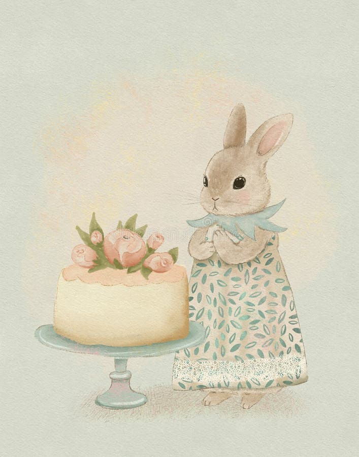 Pastel Vintage Bunny Drawing, Easter Bunny, Shabby Chic Drawing, Stock