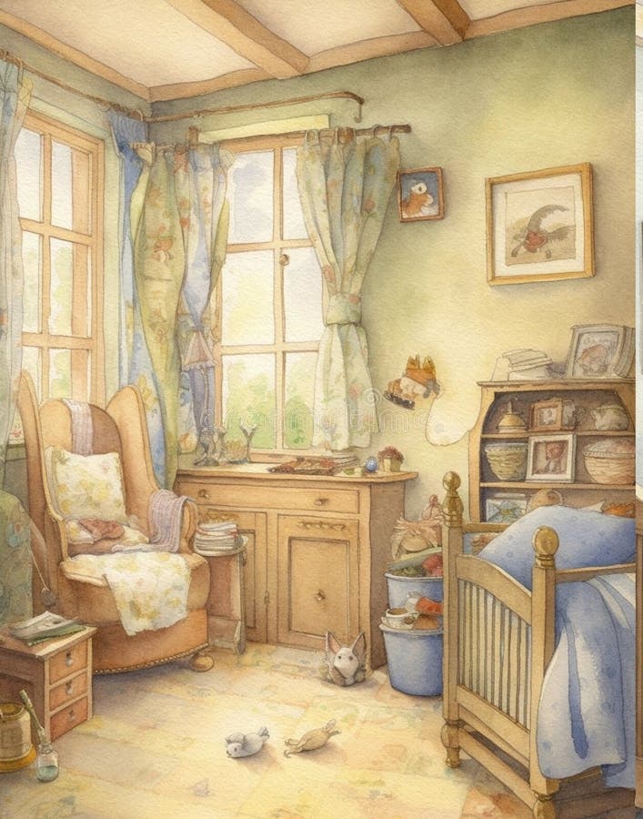 Watercolor drawing of a vintage living room, an armchair in a room in pastel colors