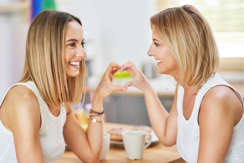 Lgbt Lesbian Couple Love Moments In The Kitchen Happiness Concept Stock