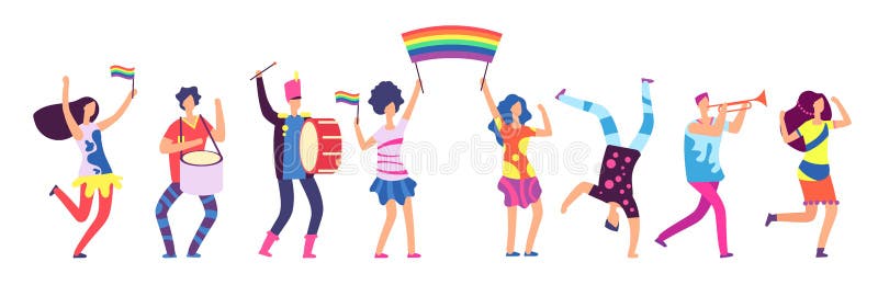 Lgbt parade. People holding rainbow flag. Gay love pride, sexual discrimination protest vector concept stock illustration Lgbt parade. People holding rainbow flag. Gay love pride, sexual discrimination protest vector concept stock illustration