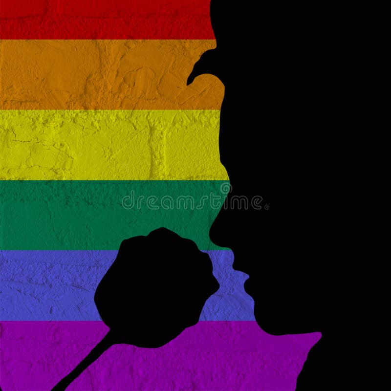 LGBT, siluetta di un fronte che odora una rosa di giorno di biglietti di S. Valentino, isolata su un muro di mattoni con il model illustrazione di stock LGBT, siluetta di un fronte che odora una rosa di giorno di biglietti di S. Valentino, isolata su un muro di mattoni con il model illustrazione di stock