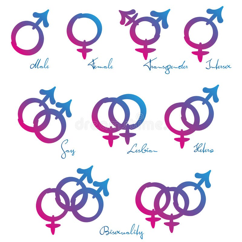 LGBT symbols - Gender identity and sexual orientation - male, female, transgender, intersex, gay, lesbian, hetero, and bisexuality. Pink blue gradient on white background. LGBT symbols - Gender identity and sexual orientation - male, female, transgender, intersex, gay, lesbian, hetero, and bisexuality. Pink blue gradient on white background.