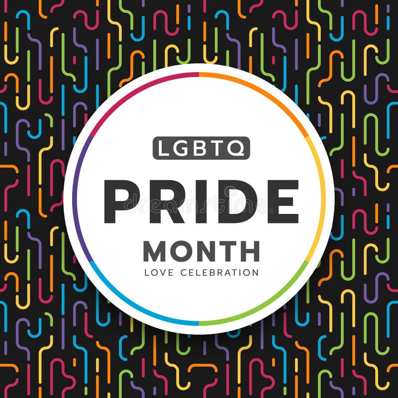 LGBTQ pride month circle banner on colorful rainbow conner curve line dash pattern texture and black background vector design