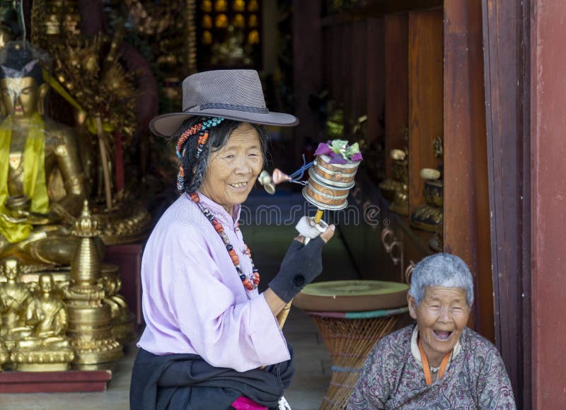 Lhasa, Tibet, China, Chengguan District, June 24 2019: meeting with women wearing traditional clothes stock photos Lhasa, Tibet, China, Chengguan District, June 24 2019: meeting with women wearing traditional clothes stock photos