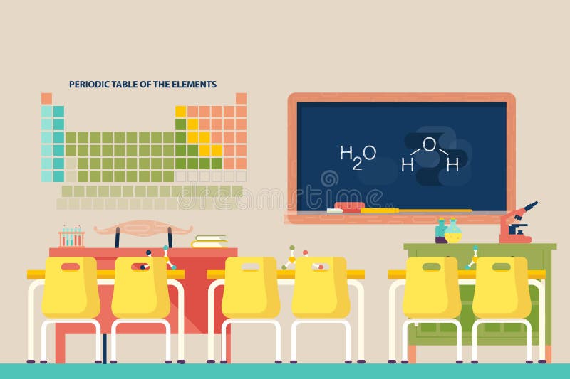 Sala de aula de ciências com ferramentas na mesa