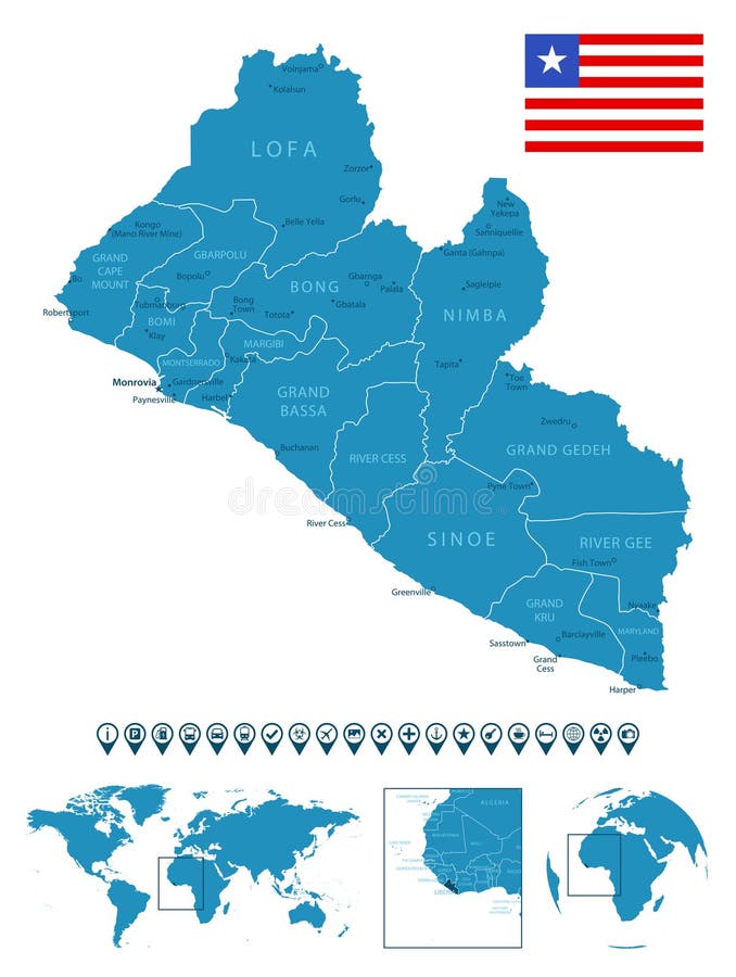 Liberia Detailed Blue Country Map With Cities Regions Location On Liberia Detailed Blue Country Map Cities Regions Location World Globe Infographic Icons Vector Illustration 341594055
