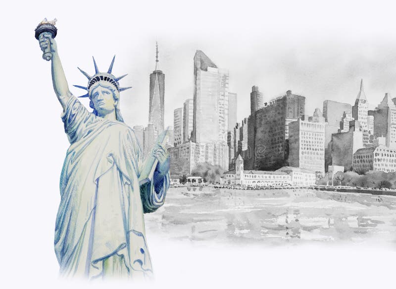 Libertà della statua in Manhattan urbana Pittura dell'acquerello illustrazione di stock Libertà della statua in Manhattan urbana Pittura dell'acquerello illustrazione di stock