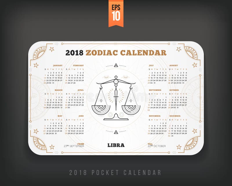 Libra 2018 Year Zodiac Calendar Pocket Size Horizontal Layout Stock