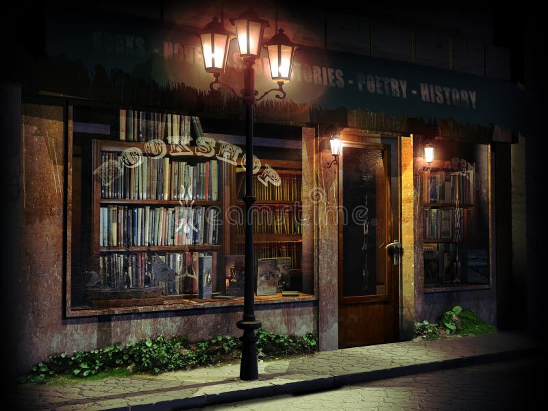 Librairie la nuit illustration stock Librairie la nuit illustration stock