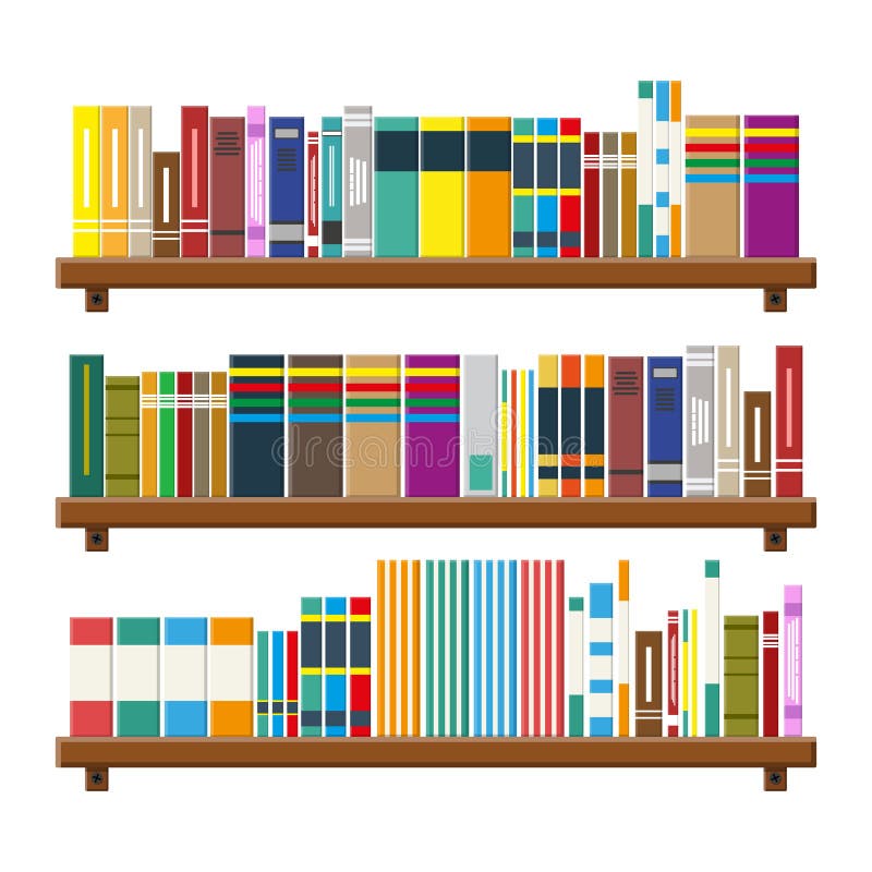 Library book shelf. Bookcase with different books.