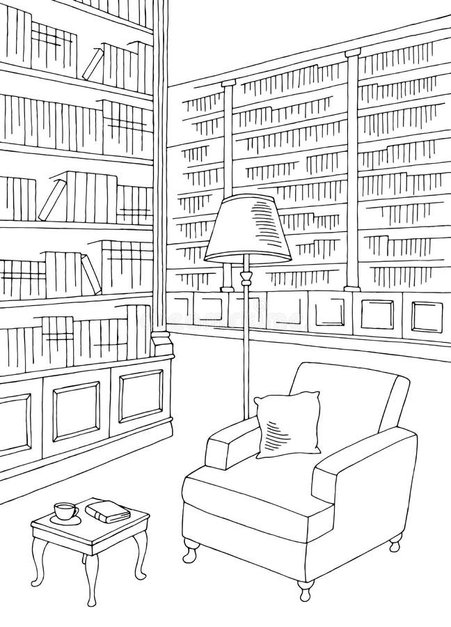 Library Interior Graphic Black White Vertical Sketch Illustration ...