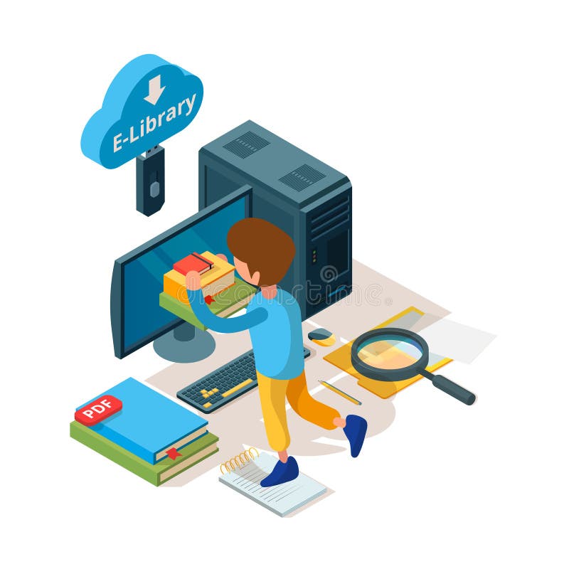 Library isometric. Online education book and readers digital archiving university college students learning vector vector illustration
