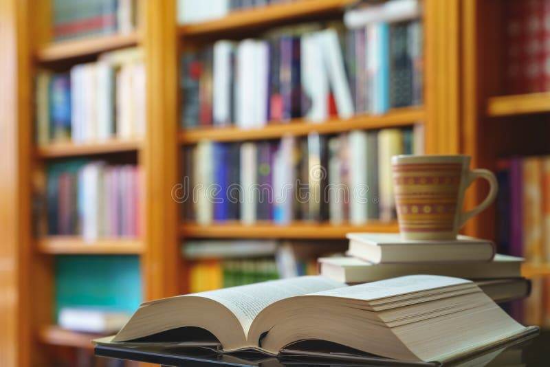 library with many books to read, arranged on shelves. Open book and cup close-up. Copy space