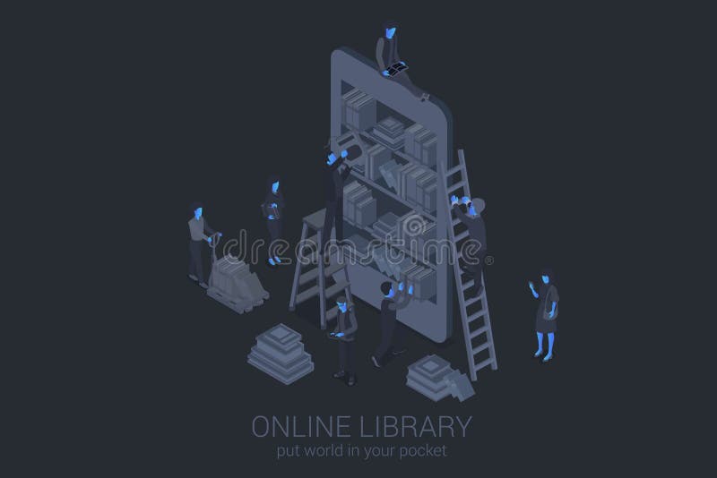 Library in Smartphone Online Education Isometric Flat black monochrome vector concept vector illustration