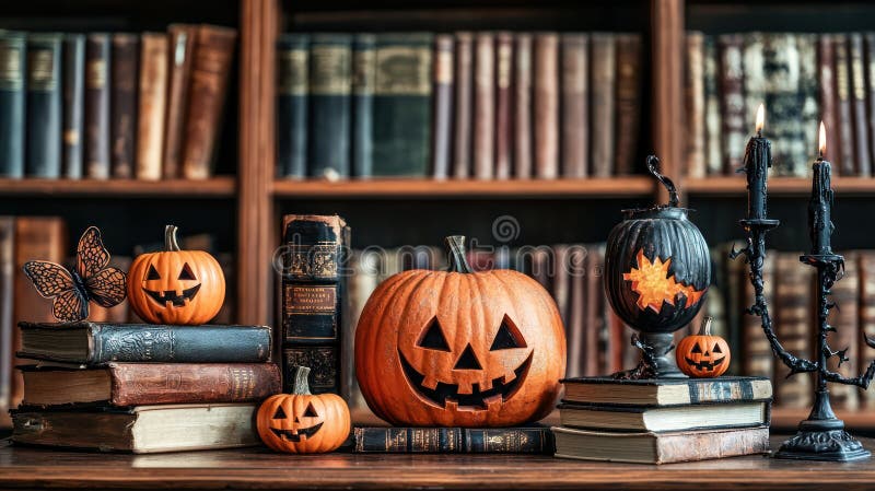 Library transformed with Halloween decorations, featuring spooky vector illustration
