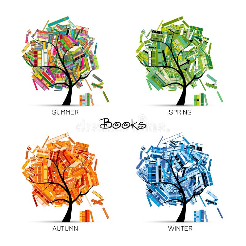 Library tree with books, four seasons of reading stock illustration