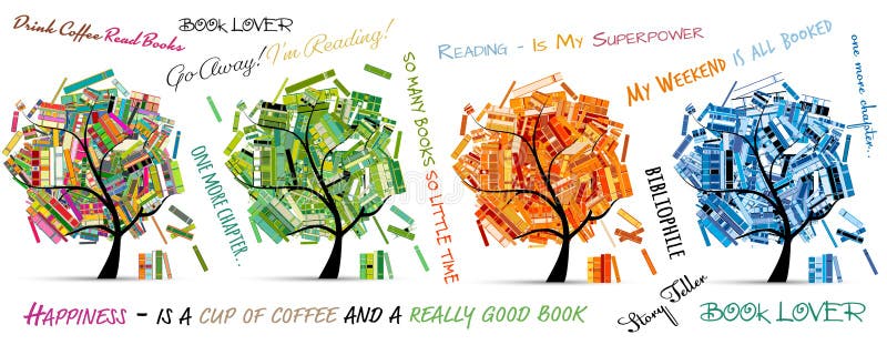 Library tree with books, four seasons of reading royalty free illustration