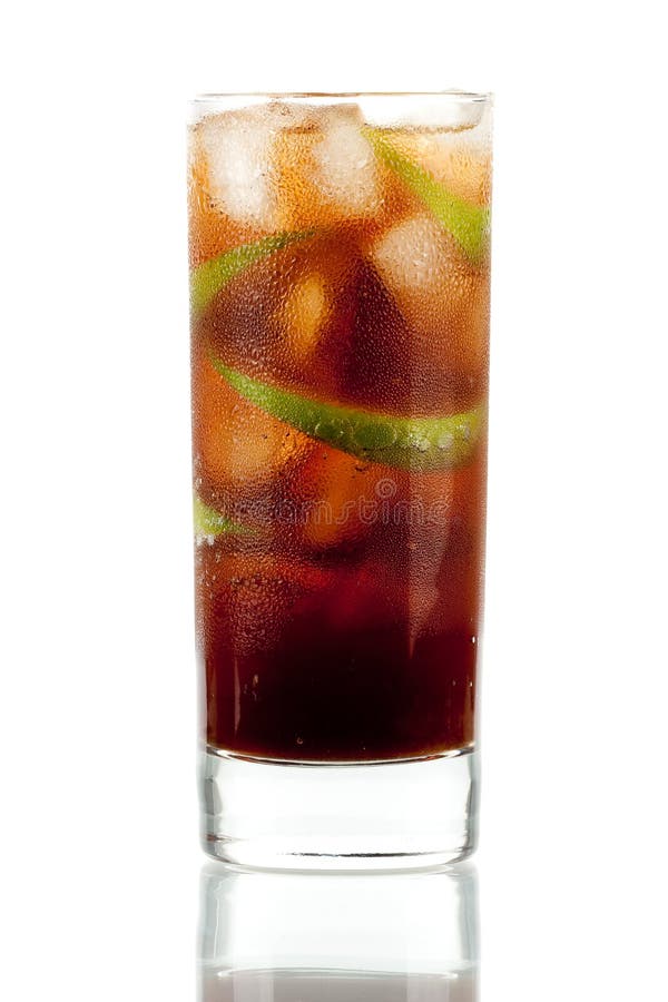 Cuba libre alcohol cocktail isolated on white. Ingredients: 1 oz white on black rum, 2 oz cola, 1 fresh lime and ice. Cuba libre alcohol cocktail isolated on white. Ingredients: 1 oz white on black rum, 2 oz cola, 1 fresh lime and ice