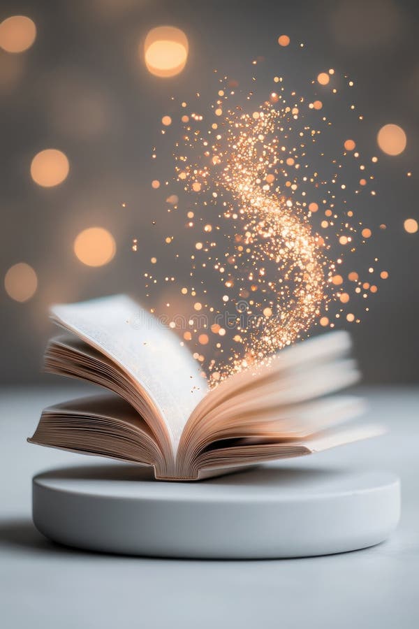 Libri aperti poggiati su una superficie bianca. Le particelle di luce d'oro salgono verso l'alto. Le luci di effetto Bokech brilla fotografia stock