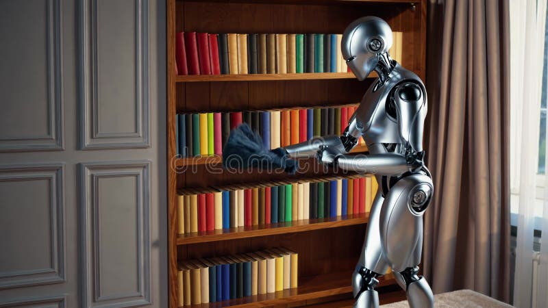 Libri di spolveramento di un robot futuristico in una biblioteca classica illustrazione vettoriale