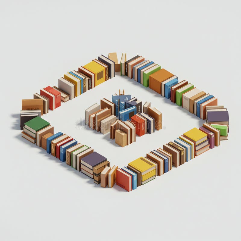 Libri disposti in un quadro quadrato su una superficie bianca. Due quadrati concentrici sono: illustrazione di stock